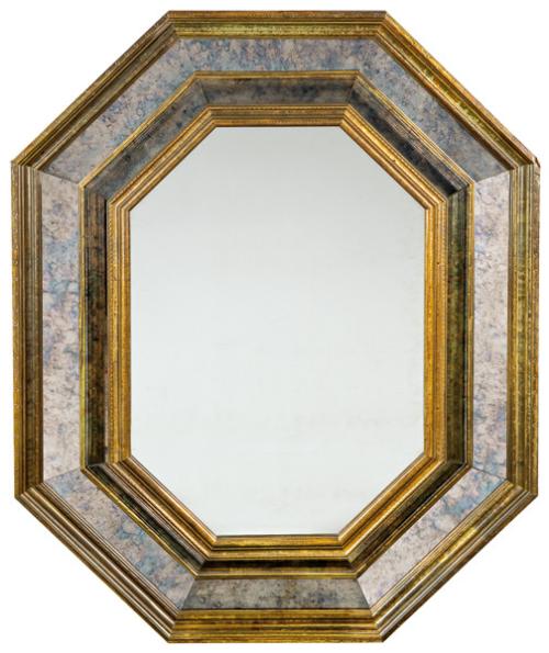 Espejo octogonal, moldurado en latón y madera, con entrecalles de espejo.