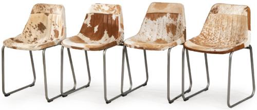  Conjunto de cuatro sillas con estructura de acero tubular cromado de sección circular, tapizado en piel de vaca natural con patrón irregular tipo "cow-hide" o "patchwork cowhide". S. XX