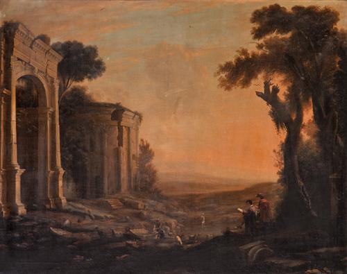 ESCUELA ITALIANA FNS. S. XVIII - PPS. S. XIX - Paisaje con ruinas y personajes