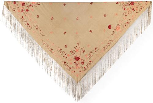 Mantón de seda natural bordado a mano de estilo Isabelino color verde con bordados en grana y coral.