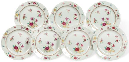 Siete platos de porcelana de Compañia de Indias, Familia Rosa, Dinastía Qing, época de Qianlong (1736-95)