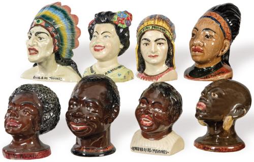 Colección de ocho huchas del Domund en cerámica policromada y esmaltada, con inscripción "Ayudad a las misiones". 