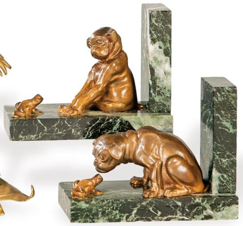 Pareja de sujetalibros de bronce y mármol serpentín, Francia h. 1930-40.