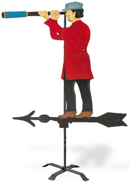 Veleta de hierro pintado, en forma de hombre con catalejo.