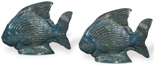 Pareja de figuras de peces en cerámica pintada y esmaltada.