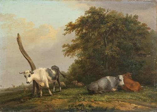  ESCUELA NEERLANDESA S. XIX - Paisaje con dos vacas pastando