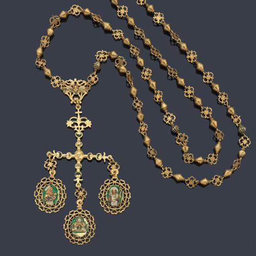 Rosario colonial sig. XVII en oro amarillo de 18 K con esmalte.