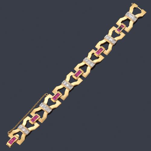  Pulsera retro con rubíes sintéticos calibrados y diamantes talla antigua, en montura de oro amarillo de 18K. Años '40.