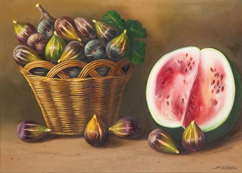  ANSELMO CEBALLOS VEGA - Naturaleza muerta con higos y sandia