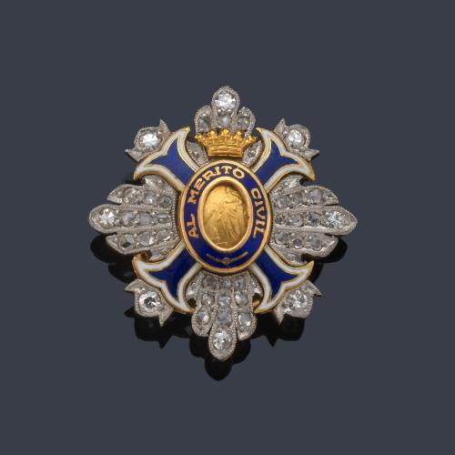 Miniatura de la Orden de Mérito Civil en oro amarillo de 18 K con diamantes y esmalte de color azul.