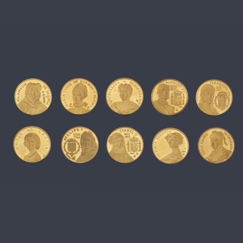 10 Monedas conmemorativas de reyes en oro amarillo de 22 K. Con estuche original.