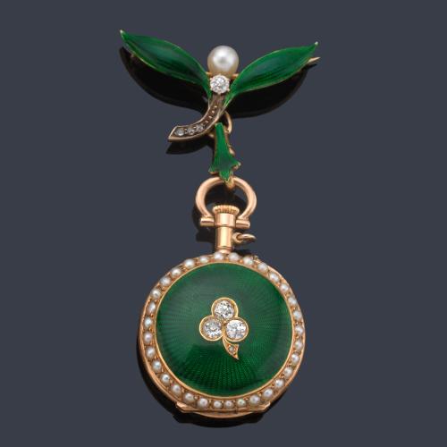 Reloj Art Nouveau de colgar con caja y broche en oro rosa de 18 K, esmalte, perlitas y diamantes.