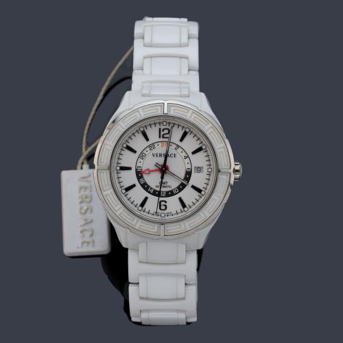  VERSACE GMT DE unisex con caja y brazalete en acero y cerámica blanca.