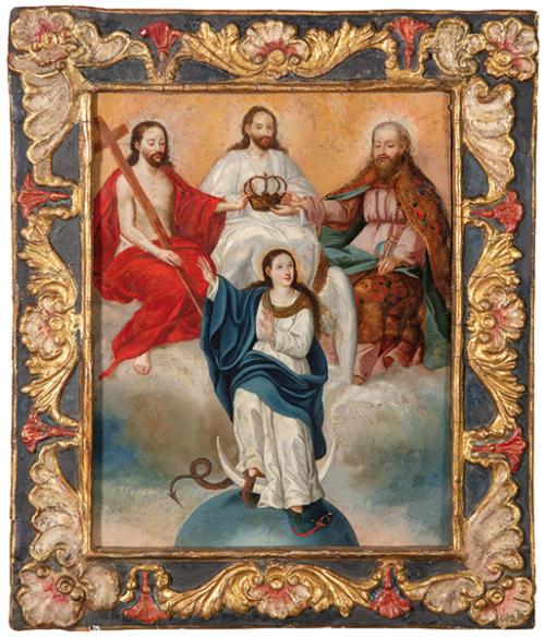 ESCUELA NOVOHISPANA S. XVIII-XIX - La Coronación de la Virgen por la Trinidad