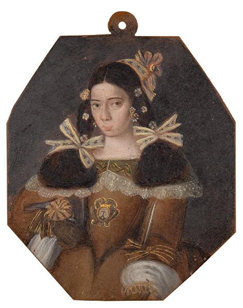  ANÓNIMO NOVOHISPANO S. XVIII - Retrato de dama con escudo de la Orden del Carmelo