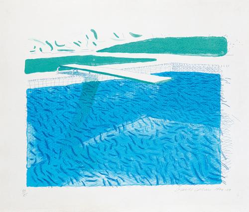 DAVID HOCKNEY - Lithographic Water Made of Lines, Crayon and Two Blue Washes
