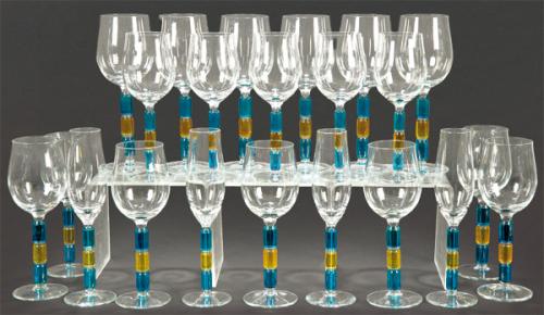 Cristalería de Murano para 10 servicios con vástago en cristal de color azul y ámbar.