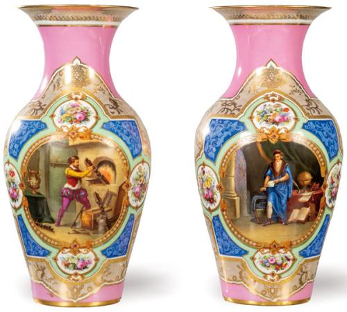 Pareja de jarrones de porcelana tipo Sèvres