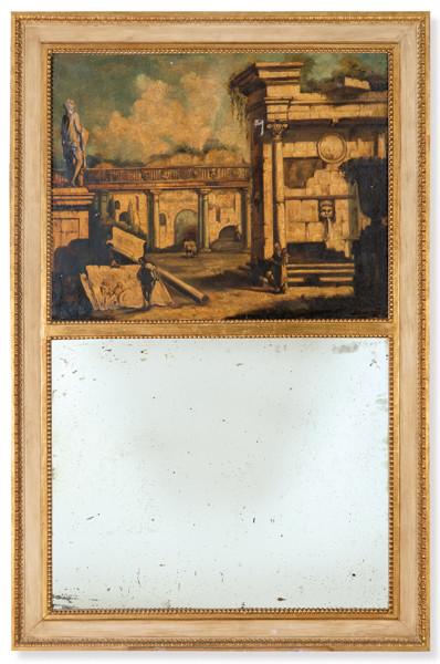 Trumeau estilo Luis XVI, con marco moldurado y decoración de bolas en madera policromada en blanco y parcialmente dorada, en la parte superior pintura con escena de ruinas clásicas del S. XVIII.