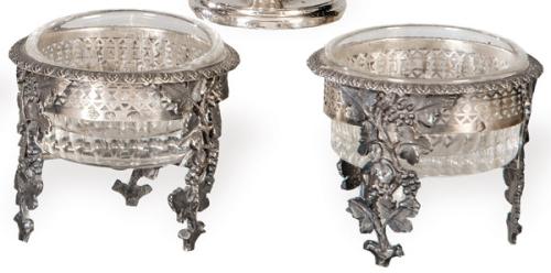 Pareja de saleros de pellizco de plata francesa punzonada Ley 950, París 1798-1801 con marca de orfebre no identificado "JCAF".