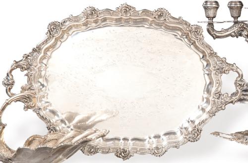 Bandeja oval de dos asas de plata española punzonada 1ª Ley de Orfebrería Rizomera.