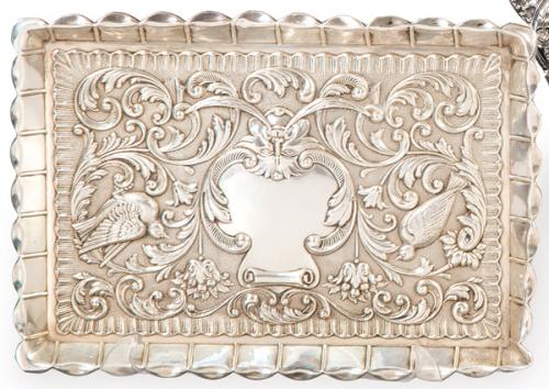 Bandeja rectangular de plata española punzonada 1ª Ley de Durán.