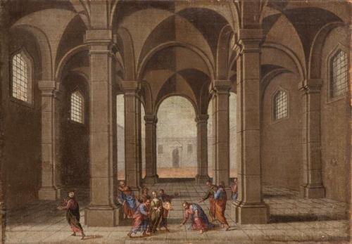  ESCUELA FLAMENCA S. XVII - Arquitectura con escena de Jesús y la adultera