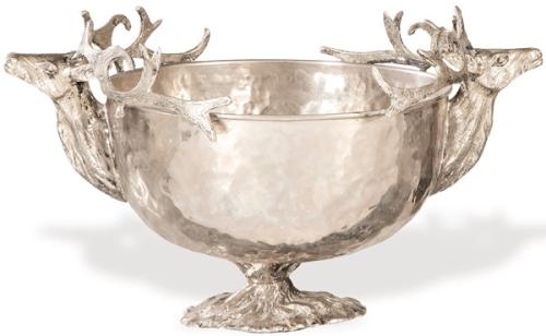 Centro de mesa tipo Valenti en metal plateado con asas en forma de cabezas de ciervo h. 1960-70.
