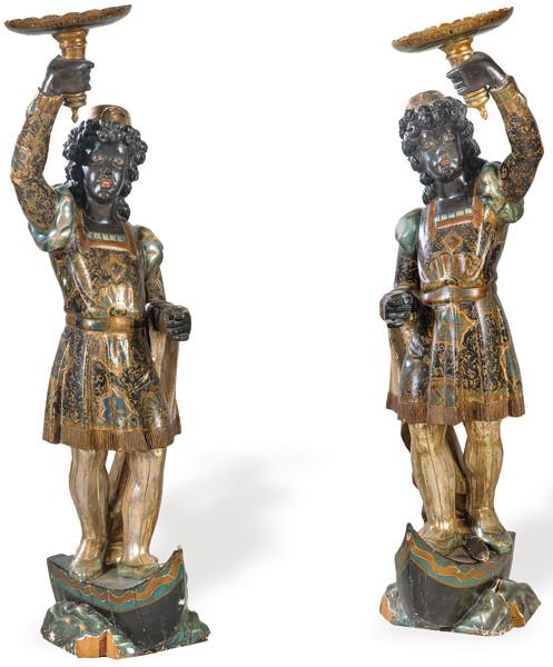  Pareja de "Negros Venecianos" de madera tallada, policromada, dorada y corleada pp. S. XX.