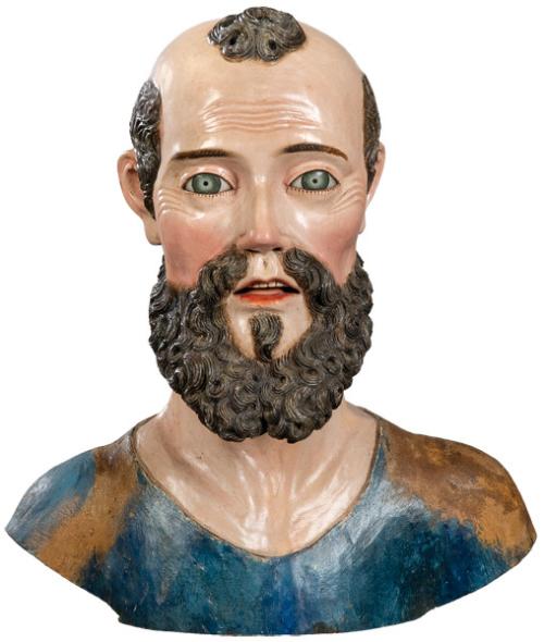 Busto de hombre barbado de madera tallada y policromada, Escuela Virreinal h. 1800.
