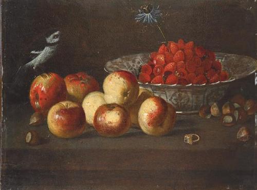  ATRIBUIDO A JOSEFA DE ÓBIDOS - Bodegón con plato azul y blanco con frambuesas, manzanas, avellanas, pájaro y sortija