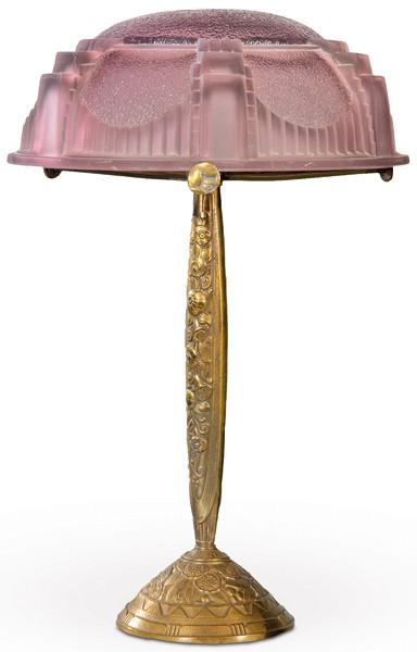 Lámpara de mesa Art Deco con pantalla rosa