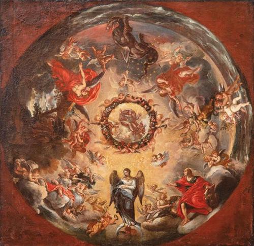  CIRCULO DE CIRO FERRI S. XVII - Boceto para una cúpula con el tema de la Virgen del Apocalipsis y San Juan Evangelista