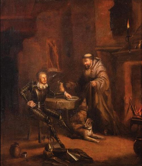  ESCUELA CENTROEUROPEA S. XIX - Escena costumbrista con caballero y monje