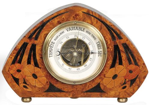 Barómetro Art Deco Hans Lufft para el mercado francés en caoba con marquetería floral, Alemania h. 1920.