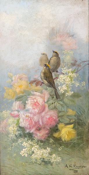 ALEJANDRO DE RIQUER I YNGLADA, CONDE DE CASA DÁVALOS - Gorriones en un paisaje florido