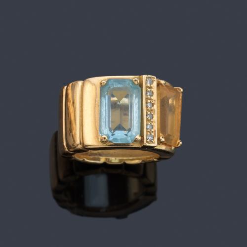 Anillo con cuarzo citrino y espinela azul, con banda central de diamantes talla 8/8.
