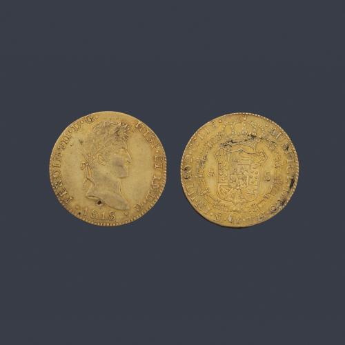 Fernando VII 8 escudos, Méjico 1818 TH. Falsa de época, acuñación por indígenas.