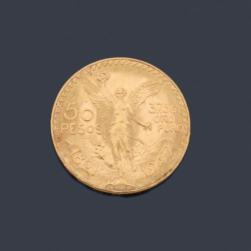 Moneda de 50 pesos Mexicanos en oro de 22K.