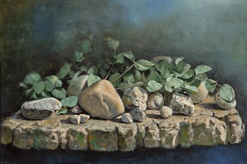 SANTOS HU - Naturaleza muerta con plantas y piedras