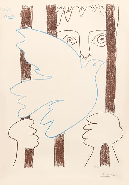 PABLO PICASSO - Colombe bleue volant devant des barreaux