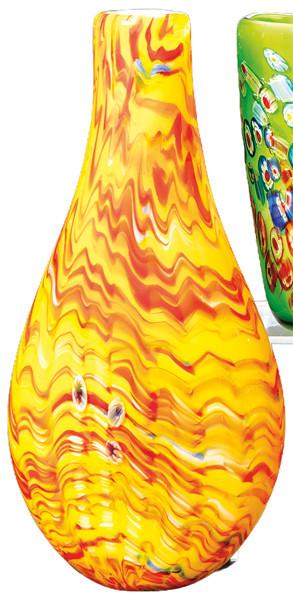 Jarrón de cristal de Murano con fondo amarillo y decoración en naranja.