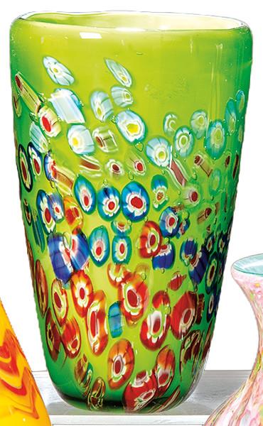 Jarrón de cristal de Murano verde con decoración de "molti fiori" de colores.