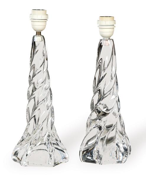 Pareja de lámparas de mesa de cristal transparente de Cristalerie de Lorraine h. 1950.