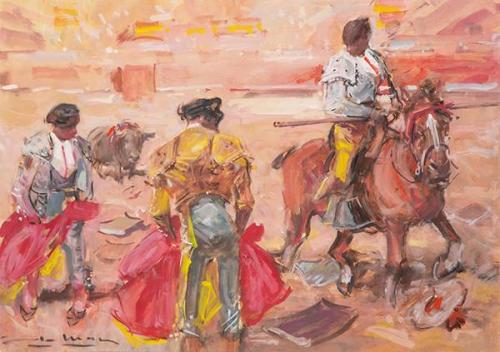  ÁNGEL MARCOS - Cuadro doble con escenas de toros (verso / reverso)