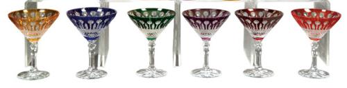 Seis copas de coctel de cristal de Bohemia tallado y esmaltado en varios colores.