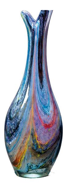 Jarrón de cristal de Murano de boca irregular con decoración moteada de colores azlules y rojos.