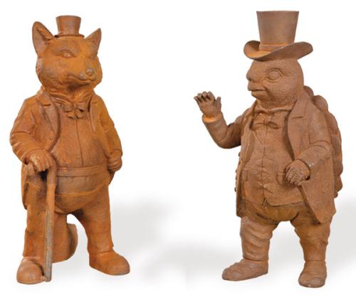 Tortuga y zorro vestidos y con sombrero de hierro colado para jardín.
