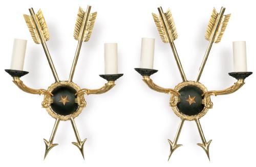 Pareja de apliques estilo Imperio en bronce dorado y pátina verde, Francia pp. S. XX