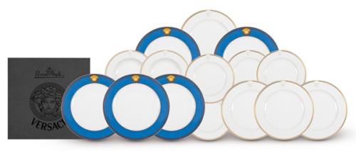 Vajilla Medaillon Meandre d'Or de Versace para Rosenthal studio-Linie en porcelana esmaltada en blanco con greca de meandros en dorado y cabezas de medusa en relieve de biscuit. Total piezas